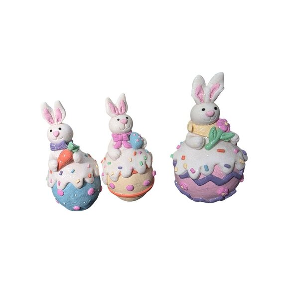 3 Sugared Glitter Bunny Rabbits Easter Eggs Decor Figurine - Picture 5 of 10